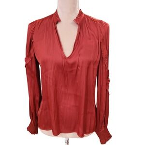 EVEREEVE Jett Ruffle Satin Blouse Red V Neck Long Sleeve Women's Size S